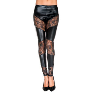 Wetlook Leggings mit Spitzeneinsätzen SCHWARZ